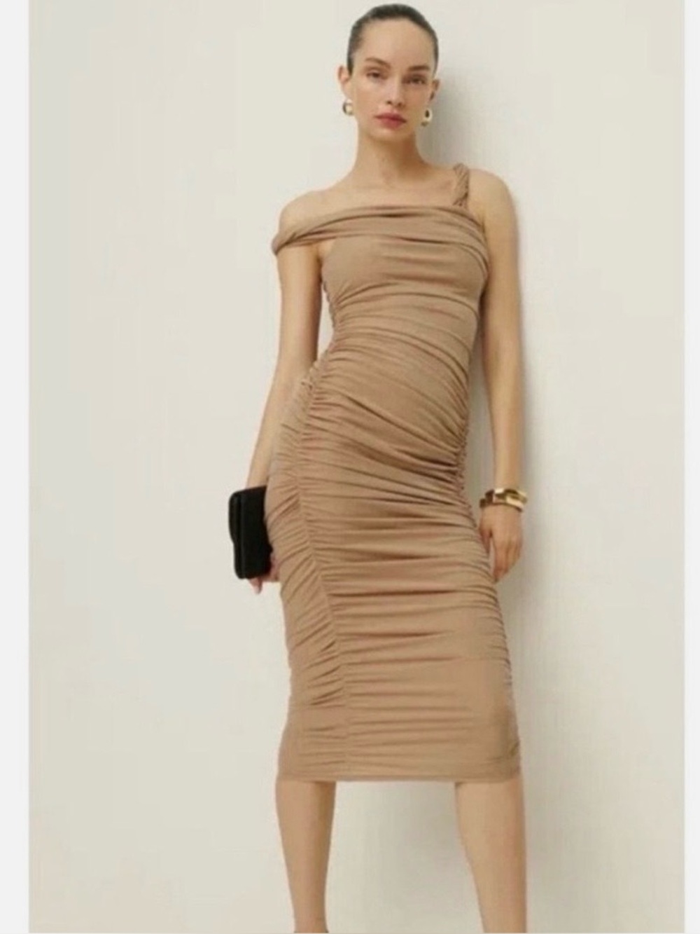 Reformation x Laura Harrier Alycia Ruched Knit Midi Dress in Praline - NWT